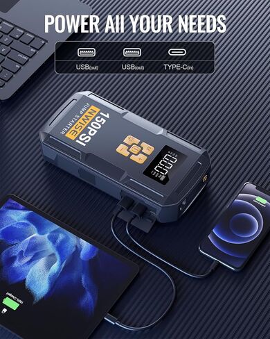 NWISE 6000A Jump Starter مع ضاغط الهواء ، حزمة بطارية قفزة 160psi مع نفخ الإطارات الرقمية ، حزمة معززة 12V مع شاشة كبيرة LCD ، ضوء الطوارئ in Kuwait