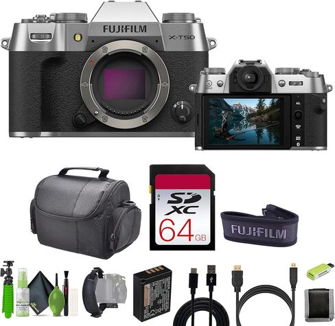 مجموعة كاميرا Fujifilm X-T50 الرقمية بدون مرآة مع بطاقة ذاكرة SF-M Tough Series UHS-II SDXC سعة 64 جيجابايت + طقم تنظيف + حقيبة كامارا + حامل ثلاثي القوائم لمدونات الفيديو + المزيد من الملحقات - فضي in Saudi Arabia