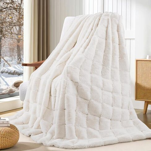 Touchat Faux Fur Throw Blanket, Luxury 1000GSM Ultra Thick Warm Rabbit Blanket for Couch Bed Sofa, 3D Checkered Pattern Soft Winter Heavy Minky Fluffy Blankets for Women Christmas Birthday Gift, White in Kuwait