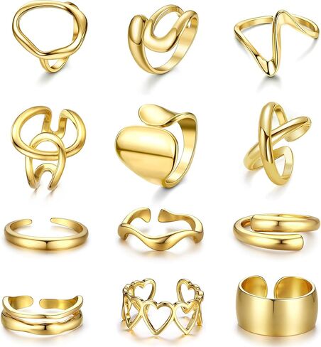 Sanfenly 12 PCS Chunky Gold Rings for Women Non Tarnish 18K Gold Plated Adjustable Statement Ring Knuckle Thumb Stackable Open Rings Set Fashion Jewelry Gifts in Kuwait
