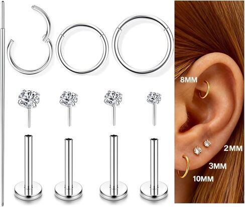 Incaton 18G Threadless Flat Back Stud Earrings For Women Men, 316L Surgical Steel Hypoallergenic Push in Nose Studs CZ Nose Nostril Tragus Helix Labret Studs Lip Rings Piercing Jewelry in Kuwait