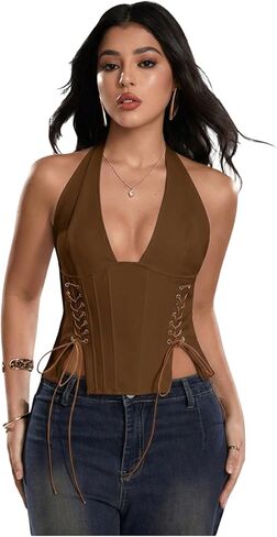 MakeMeChic Women's Halter Top Backless Crop Tops Lace Up Cami Top Sleeveless Vest in Saudi Arabia