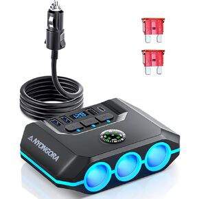 9-in-1 Cigarette Lighter Splitter, 156W 12V/24V Car Charger Adapter with 3 Socket, PD36W & QC3.0 USB Ports, LED Voltmeter for RV Truck SUV Van – Multi-Protection & 3.3ft Cable in Kuwait