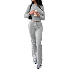 WDIRARA Women's 2 Piece Pants Outfits Long Sleeve Tracksuit Athletic Workout Flare Pants Set in Kuwait