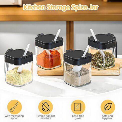 حاوية التوابل جرة الجرة مع الأغطية والملاعق ، مجموعة وعاء التوابل المطبخ من 3 ، 11 أوقية وعاء من الزجاج الصافي مع صينية ، جرة حاوية سكر الفلفل الملح في المطبخ (أسود ، 300 مل) in Kuwait