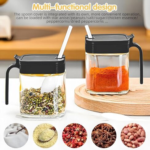 حاوية التوابل جرة الجرة مع الأغطية والملاعق ، مجموعة وعاء التوابل المطبخ من 3 ، 11 أوقية وعاء من الزجاج الصافي مع صينية ، جرة حاوية سكر الفلفل الملح في المطبخ (أسود ، 300 مل) in Kuwait