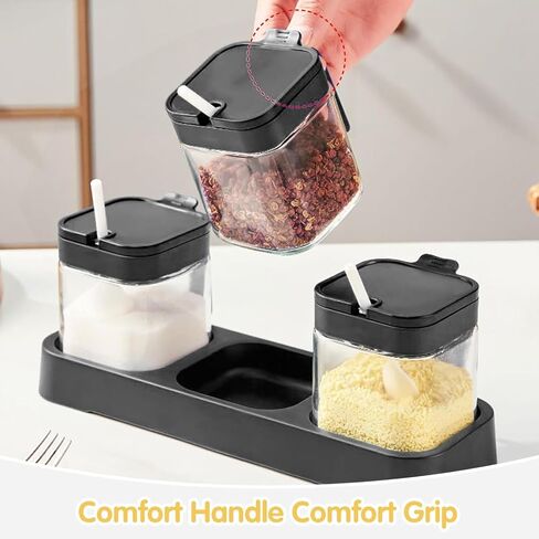 حاوية التوابل جرة الجرة مع الأغطية والملاعق ، مجموعة وعاء التوابل المطبخ من 3 ، 11 أوقية وعاء من الزجاج الصافي مع صينية ، جرة حاوية سكر الفلفل الملح في المطبخ (أسود ، 300 مل) in Kuwait