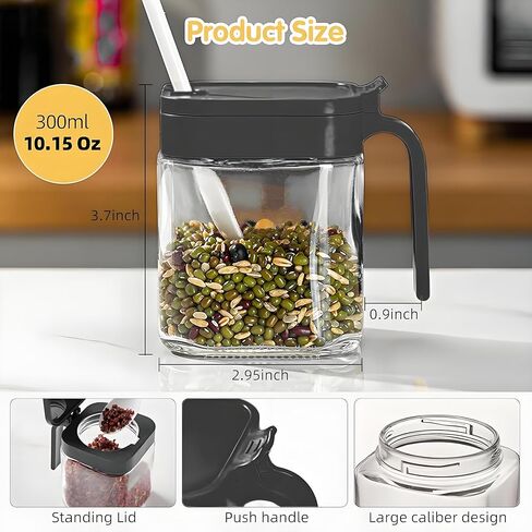حاوية التوابل جرة الجرة مع الأغطية والملاعق ، مجموعة وعاء التوابل المطبخ من 3 ، 11 أوقية وعاء من الزجاج الصافي مع صينية ، جرة حاوية سكر الفلفل الملح في المطبخ (أسود ، 300 مل) in Kuwait