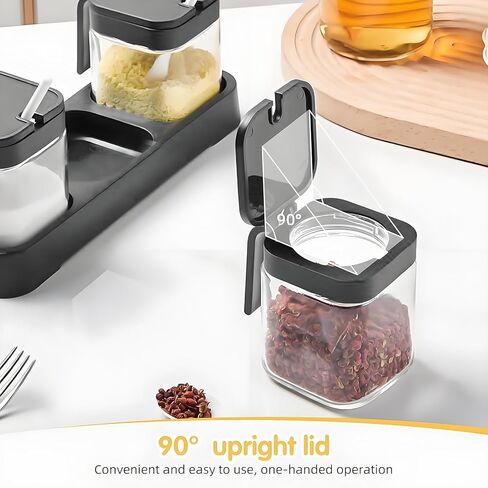 حاوية التوابل جرة الجرة مع الأغطية والملاعق ، مجموعة وعاء التوابل المطبخ من 3 ، 11 أوقية وعاء من الزجاج الصافي مع صينية ، جرة حاوية سكر الفلفل الملح في المطبخ (أسود ، 300 مل) in Kuwait