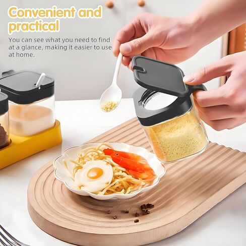 حاوية التوابل جرة الجرة مع الأغطية والملاعق ، مجموعة وعاء التوابل المطبخ من 3 ، 11 أوقية وعاء من الزجاج الصافي مع صينية ، جرة حاوية سكر الفلفل الملح في المطبخ (أسود ، 300 مل) in Kuwait