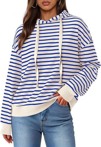 KIRUNDO Hoodies for Women Fall Fashion 2025 Long Sleeve Striped Pullover Tops Casual Loose Sweatshirt With Drawstring in Kuwait