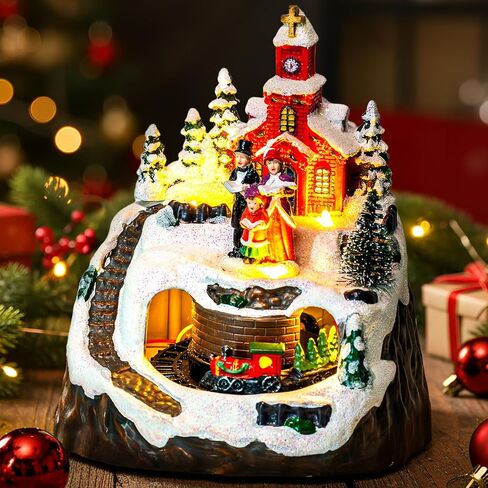 Animated Musical Christmas Village Figurines Christmas Collectibles Statues Church Building and Snowman with Rotating Train LED Lights, Battery & USB Home Decor Gifts Festive Holiday Decorations in Saudi Arabia