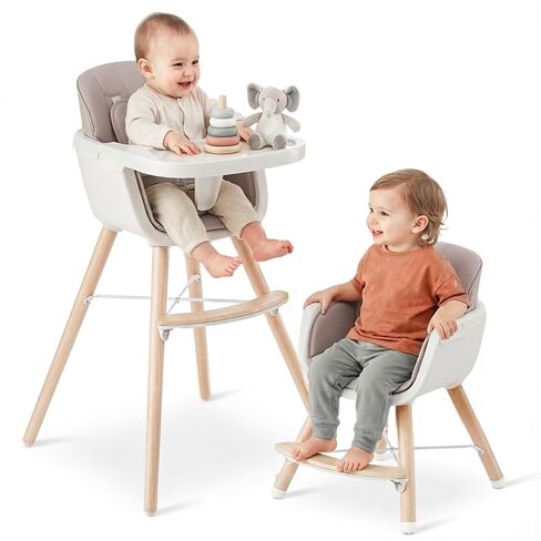 Mallify 3-in-1 Wooden High Chair, Convertible High Chairs for Babies and Toddlers, Baby Highchair with Adjustable Legs & Dishwasher-Safe Tray, Sleek Hardwood & Premium PU Cushion, Beige in Saudi Arabia