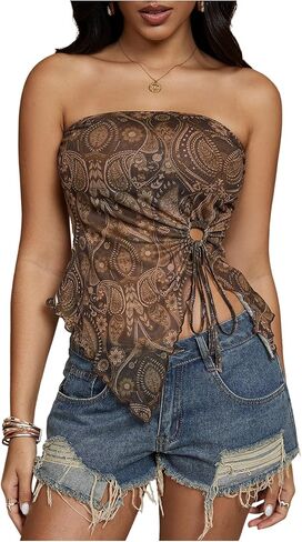 WDIRARA Women's Graphic Print Hollow Out Ruched Bandeau Tops Strapless Tie Side Crop Tube Top in Saudi Arabia