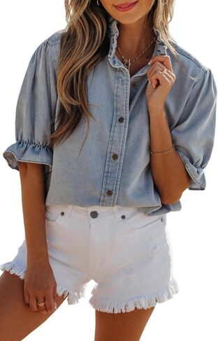 SELINK Women's Tunic Tops Elegant Ruffle Short Puff Sleeve Summer Chambray Shirt Short Sleeve Round Neck Solid T Shirts in Kuwait