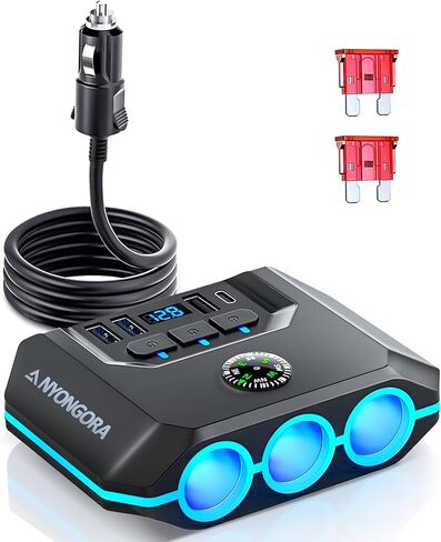 9-in-1 Cigarette Lighter Splitter, 156W 12V/24V Car Charger Adapter with 3 Socket, PD36W & QC3.0 USB Ports, LED Voltmeter for RV Truck SUV Van – Multi-Protection & 3.3ft Cable in Kuwait