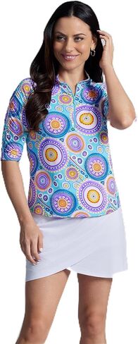 IBKUL Athleisure Wear Sun Protective UPF 50+ Icefil Cooling Leona Print Ruched Elbow Sleeve Top - 41933 in Kuwait