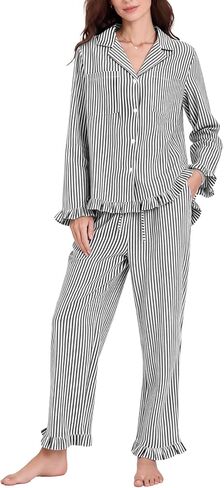 Flygo Womens Striped Pajama Sets 2 Piece Cotton Lounge Sets Button Down Top Straight Leg Pants with Pockets Y2K Pjs Sleepwear in Saudi Arabia