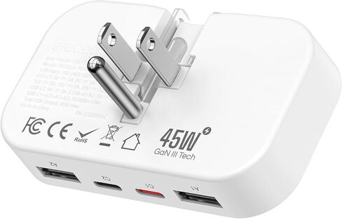 شاحن حائط USB C مسطح نحيف، شاحن سريع PD 45W فائق النحافة قابل للطي مع 4 منافذ، USB مزدوج وشاحن USB C مزدوج لأجهزة iPhone وiPad وiPod وSamsung Galaxy والكمبيوتر اللوحي وAirPods والمزيد in Kuwait