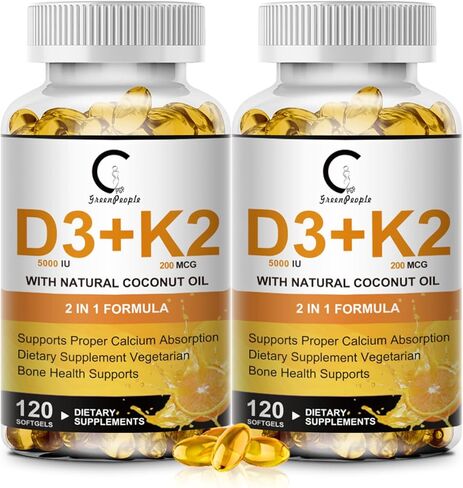 مكملات فيتامين D3 K2 مع فيتامين D3 5000 وحدة دولية ، 200 ميكروغرام فيتامين K2 MK-7 وزيت جوز الهند الطبيعي ، صيغة نباتية 2-1 للعظام ، الأسنان ، العضلات والدعم الصحي المناعي ، 120 كبسولات ناعمة in Kuwait