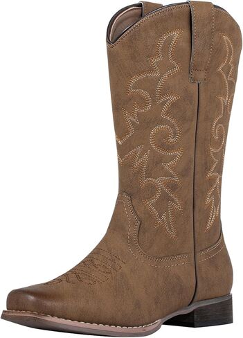 SheSole Women's Cowboy Boots Square Toe Western Cowgirl Mid Wide Calf Embroidered Boots Brown in Kuwait