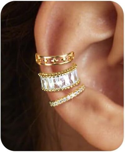 3Pcs Ear Cuffs Non Piercing for Women 14K Gold Plated Ear Cuff Earrings Dainty Clip on Earrings Trendy Cubic Zirconia Cartilage Earrings Fake Earring Set Star Fake Piercings Earings Jewelry Gift in Saudi Arabia