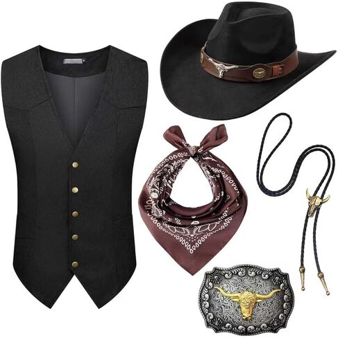 5 Pcs Cowboy Outfit for Men Cowboy Costume Western Vest Hat and Accessories for Halloween Wild West Party in Saudi Arabia