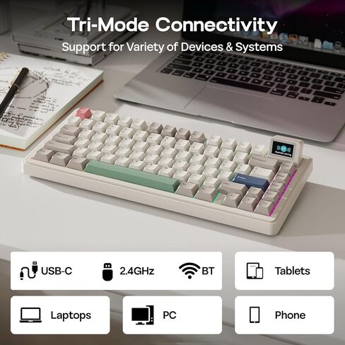 لوحة مفاتيح ميكانيكية لاسلكية EPOMAKER RT82 مع شاشة، VIA Custom، 2.4 جيجا هرتز/USB-C/BT5.0، إضاءة خلفية RGB، حشية، 5 حشوات، أغطية مفاتيح PBT، لوحة مفاتيح ألعاب Hot-Swap Retro (يشم كريمي) in Saudi Arabia