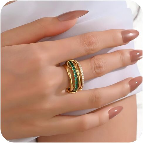 حلقات متشابكة قابلة للتكديس للنساء غير تشويه ، 18 قيراطًا من الذهب الوردي المطلي بالقدسة الخضراء حلقة خاتم مكتنزة مختلطة معدنية متعددة الحلقات لذيذ حلقات مجوهرات ذهبية للنساء الهدايا in Kuwait