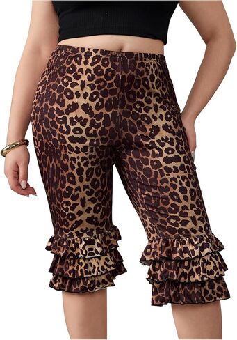 Women's Plus Size Leopard Print Skinny Capri Pants High Waisted Layered Ruffle Hem Cheetah Leggings in Kuwait