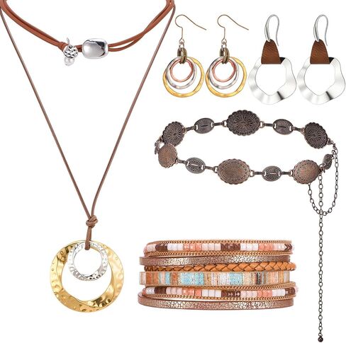 Western Jewelry Set 9Pcs - Boho Turquoise Dangle Earrings Necklace Faux Leather Cuff Bracelet Ring with Concho Belt for Women, Cowgirl Accessories in Kuwait