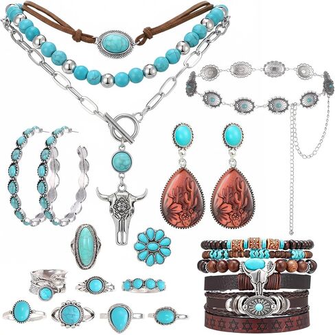 Western Jewelry Set 9Pcs - Boho Turquoise Dangle Earrings Necklace Faux Leather Cuff Bracelet Ring with Concho Belt for Women, Cowgirl Accessories in Kuwait