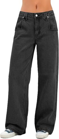 EMMIOL Y2K Straight Leg Baggy Jeans Women, Mid Rise Stretchy Loose Fit Casual Denim Pants Vintage Distressed Trendy Pockets in Saudi Arabia