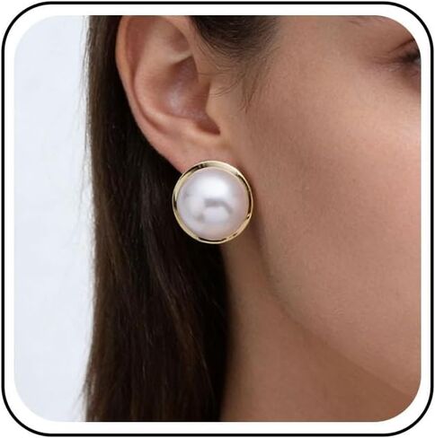 Boho Large Pearl Earrings Gold Pearl Stud Earrings Big Round Pearl Earrings Freshwater Pearl Bridal Earrings Disc Pearl Drop Earrings in Saudi Arabia