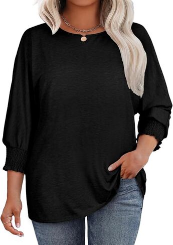 Eytino Plus Size Tops for Women Crew Neck 3/4 Sleeve T-Shirts Loose Casual Solid Basic Business Tees Blouses(1X-5X) in Saudi Arabia