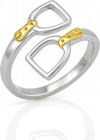 2-Toned Double Stirrup Open Ring in 925 Sterling Silver Filled & 18K Gold Plated. Silver Stirrup band with Gold Belt Buckle. Unisex Adjustable Fit For Any Finger sizes 5-11. Western Horse Jewelry Gift in Kuwait