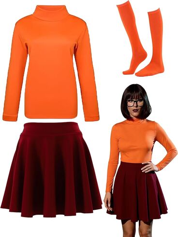 7pcs زي Velma مع شعر مستعار للنساء الكبار Halloween Cosplay Velma مع Top Orange Turtleneck ، تنورة حمراء in Saudi Arabia