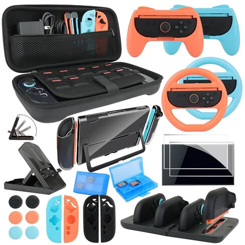 حزمة ملحقات Switch لجهاز Nintendo Switch: حقيبة الحمل، واقي الشاشة، مقابض Joycon، عجلات القيادة، قاعدة الشحن، حامل اللعب، حافظة Joy-Con المريحة والمزيد (23 في 1) in Kuwait