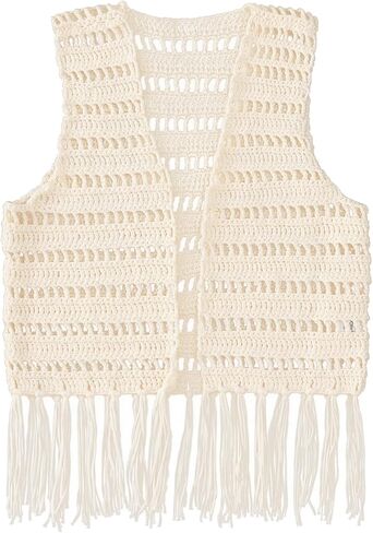 Noomelfish Girls Crochet Fringe Vest Kids Boho Tassels Cardigan Western Cowgirl Outfit (5-12 Years) in Saudi Arabia