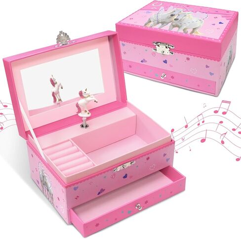 صندوق مجوهرات الأميرة الموسيقية للفتيات، صندوق موسيقى للأطفال مع منظم مجوهرات الأميرة الدوارة للأطفال مقاس 6.5 × 4.7 × 3.3 بوصة هدية عيد ميلاد للفتيات الصغيرات بعمر 3 4 5 6 7 8 9 - وردي in Kuwait