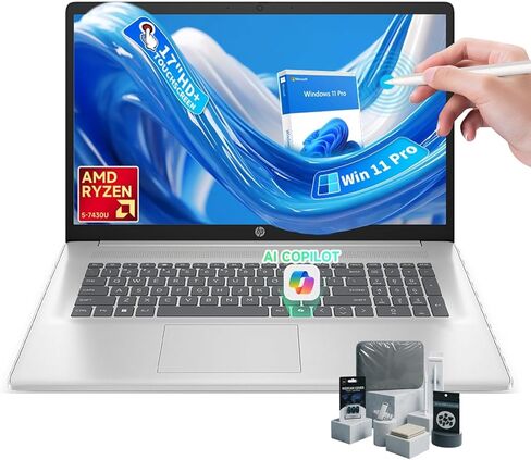 كمبيوتر محمول HP 17 بشاشة تعمل باللمس - شاشة 17.3 بوصة مضادة للتوهج HD+، AMD Ryzen 5 7430U (حتى 4.3 جيجا هرتز)، Wi-Fi 6، BT 5.4، شحن سريع، Windows 11 Pro، Copilot، كمبيوتر محمول للأعمال (ذاكرة الوصول العشوائي 32 جيجابايت | 1 تيرابايت SSD) in Kuwait