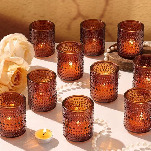 15Pcs Glass Votive Candle Holders, Amber Tea Light Candle Holders Vintage Fall Tealight Candle Holder Bulk for Autumn, Thanksgiving Table Centerpieces, Christmas Decor (Amber) in Kuwait
