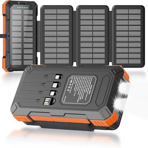 Solar Charger Power Bank 49800mAh with 4 Built-in Cables & 3 Foldable Panels, PD22.5W Fast Portable Phone Charger, External Battery Pack with USB-C in/Output & Flashlight for Outdoor Camping in Saudi Arabia
