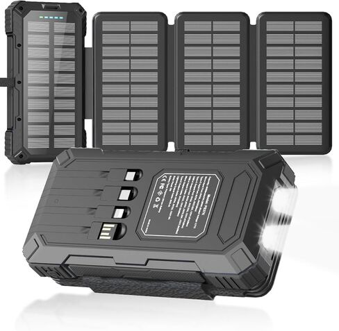 Solar Charger Power Bank 49800mAh with 4 Built-in Cables & 3 Foldable Panels, PD22.5W Fast Portable Phone Charger, External Battery Pack with USB-C in/Output & Flashlight for Outdoor Camping in Saudi Arabia