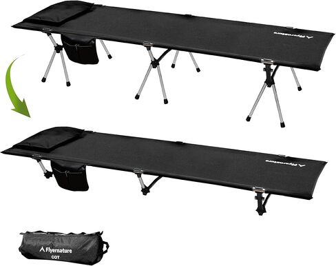 Flyernature 2-in-1 Ultra-Light Portable Camping Cot for Adults - Military Heavy Duty Folding Backpacking Cot with Leg Extenders, 300 LBS One Person Sleeping Cot, Black (75"x26"x15.8") in Saudi Arabia