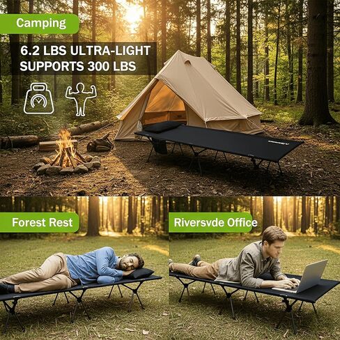 Flyernature 2-in-1 Ultra-Light Portable Camping Cot for Adults - Military Heavy Duty Folding Backpacking Cot with Leg Extenders, 300 LBS One Person Sleeping Cot, Black (75"x26"x15.8") in Saudi Arabia