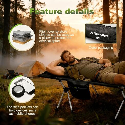 Flyernature 2-in-1 Ultra-Light Portable Camping Cot for Adults - Military Heavy Duty Folding Backpacking Cot with Leg Extenders, 300 LBS One Person Sleeping Cot, Black (75"x26"x15.8") in Saudi Arabia