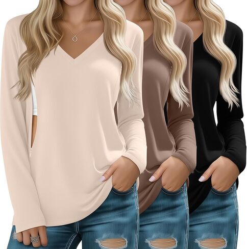 Huukeay 3 Pack Women's Maternity Nursing Tops, Breastfeeding with Hidden Zippers V Neck Long Sleeve Pregnancy T-Shirts Tees in Saudi Arabia