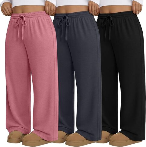 3 Pack Women's Plus Size Pants, Drawstring Wide Leg High Waist Sweatpants Loose Casual Lounge Pants with Pockets in Saudi Arabia