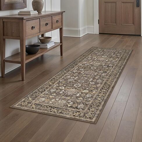 8x10 Beige Washable Neutral Area Rug Living Room Floral Non Slip Low Pile Large Rug Vintage Traditional Stain Resistant Distressed Carpet Bedroom Dining Room Office Playroom in Kuwait